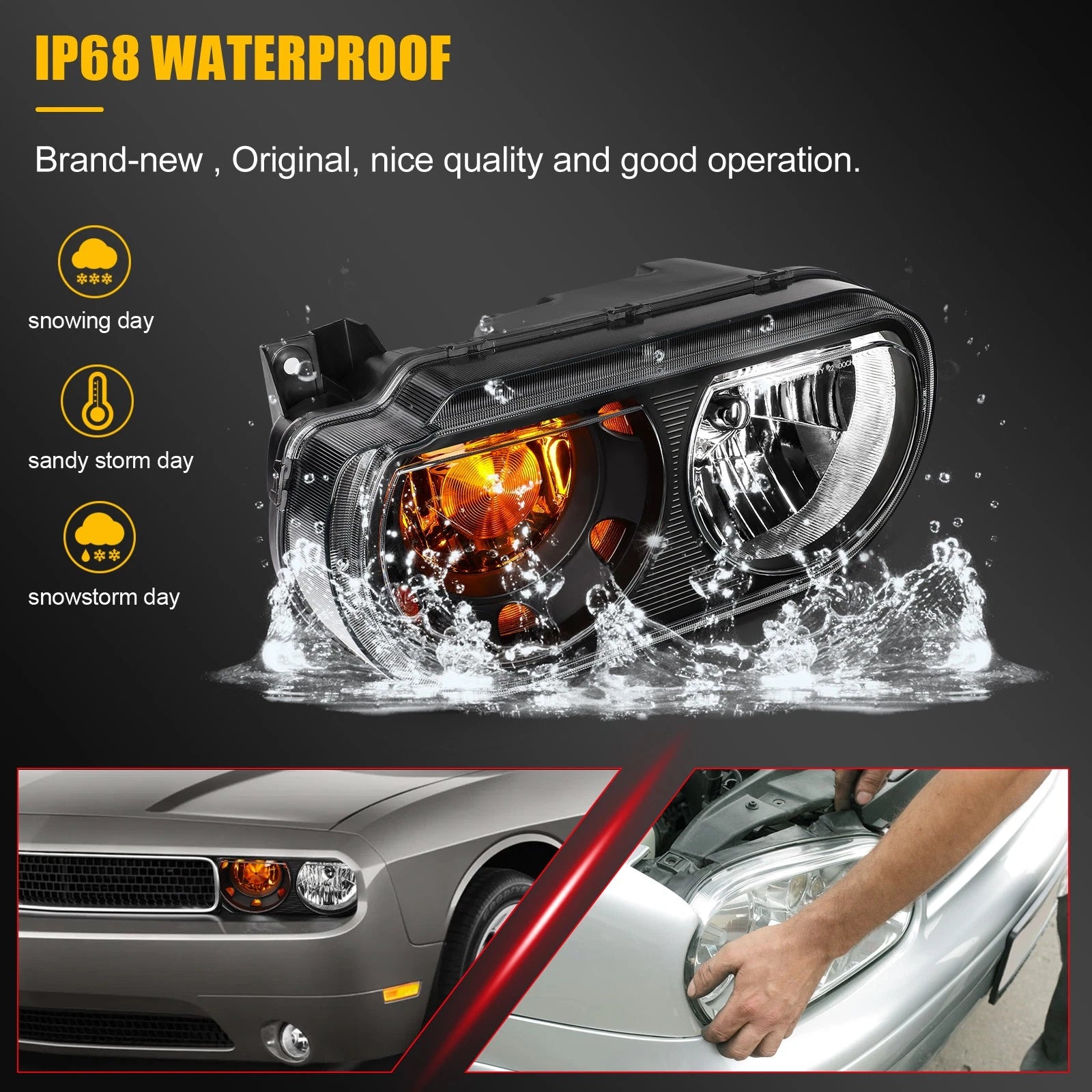 Headlight Assembly for Dodge Challenger (2008–2014) Black Housing Pair