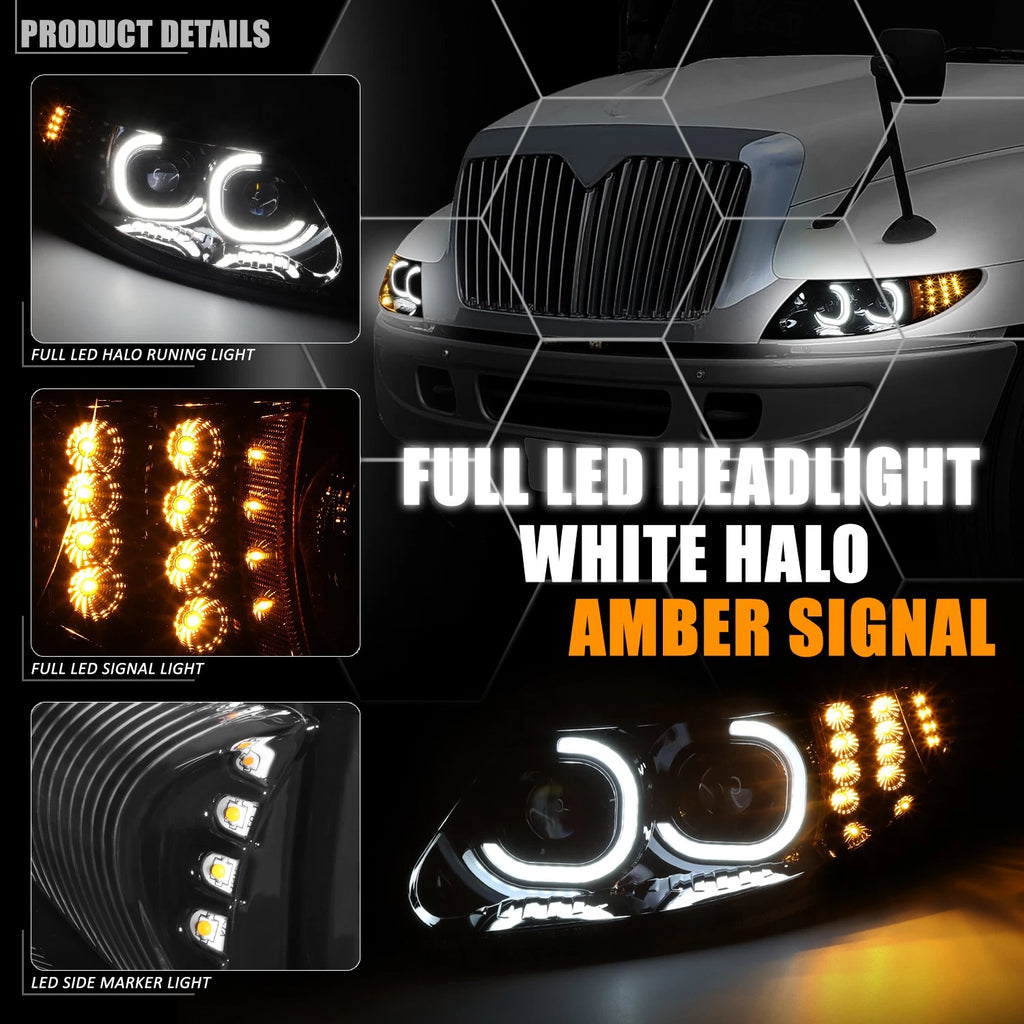 LED DRL Projector Headlights + Side Marker for International 4300 4400 8500 (2002–2016)
