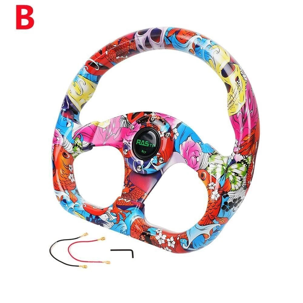 13" Racing Graffiti Pattern Flat Steering Wheel with Horn Button