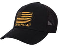 Caterpillar Trucker Hat with Gold American Flag Design, Black Mesh Cap