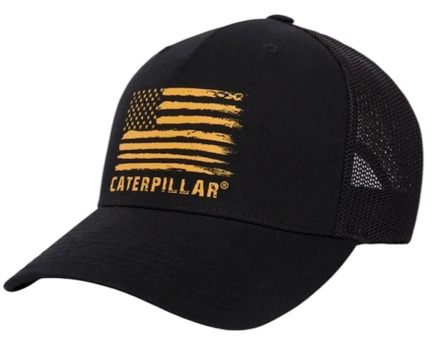 Caterpillar Trucker Hat with Gold American Flag Design, Black Mesh Cap