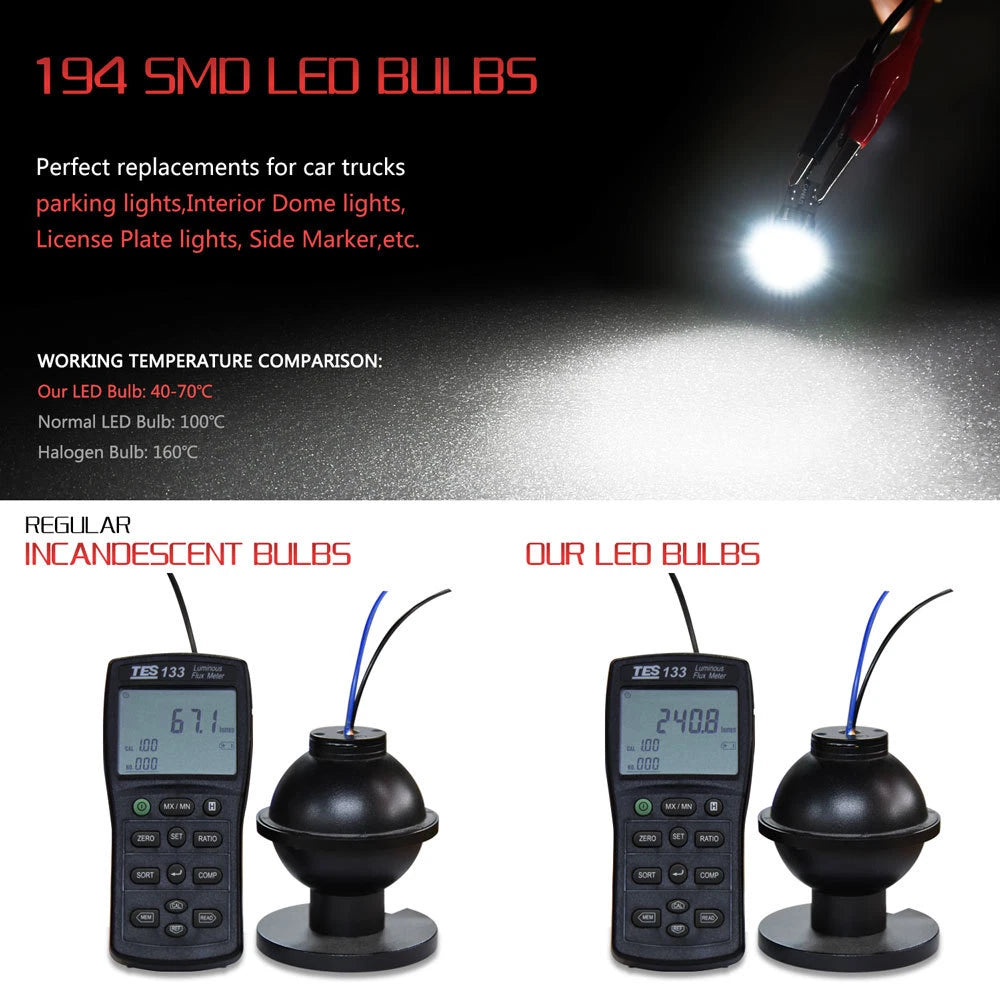 10x T10 LED Side Light Bulbs for Cars (Error Free)
