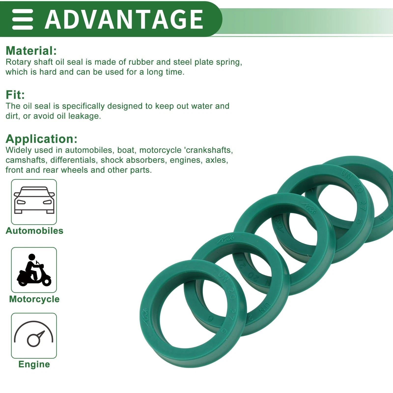 Set of 5 Oil Seal Rotary Shaft Seal 20x27x6mm High Pressure Green for Various Models