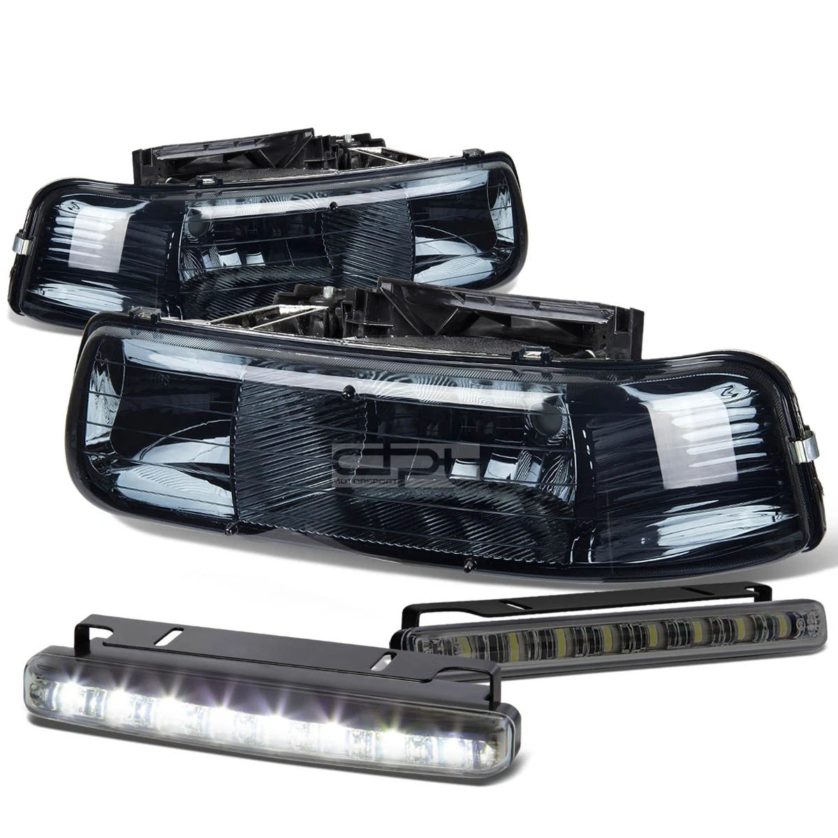 Set of 2 Smoked Housing Clear Lens Headlight + LED Fog Light for Silverado (1999–2002)