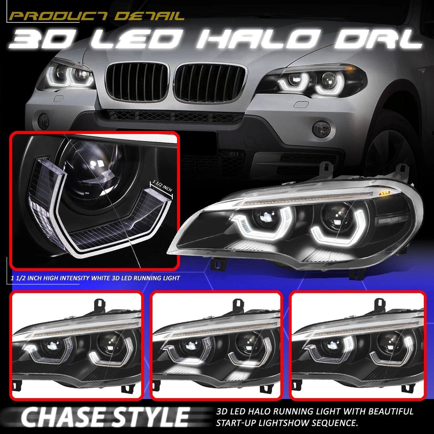 LED Projector Sequential Headlights for BMW X5 (2007–2010) - Black Housing, Clear Lens