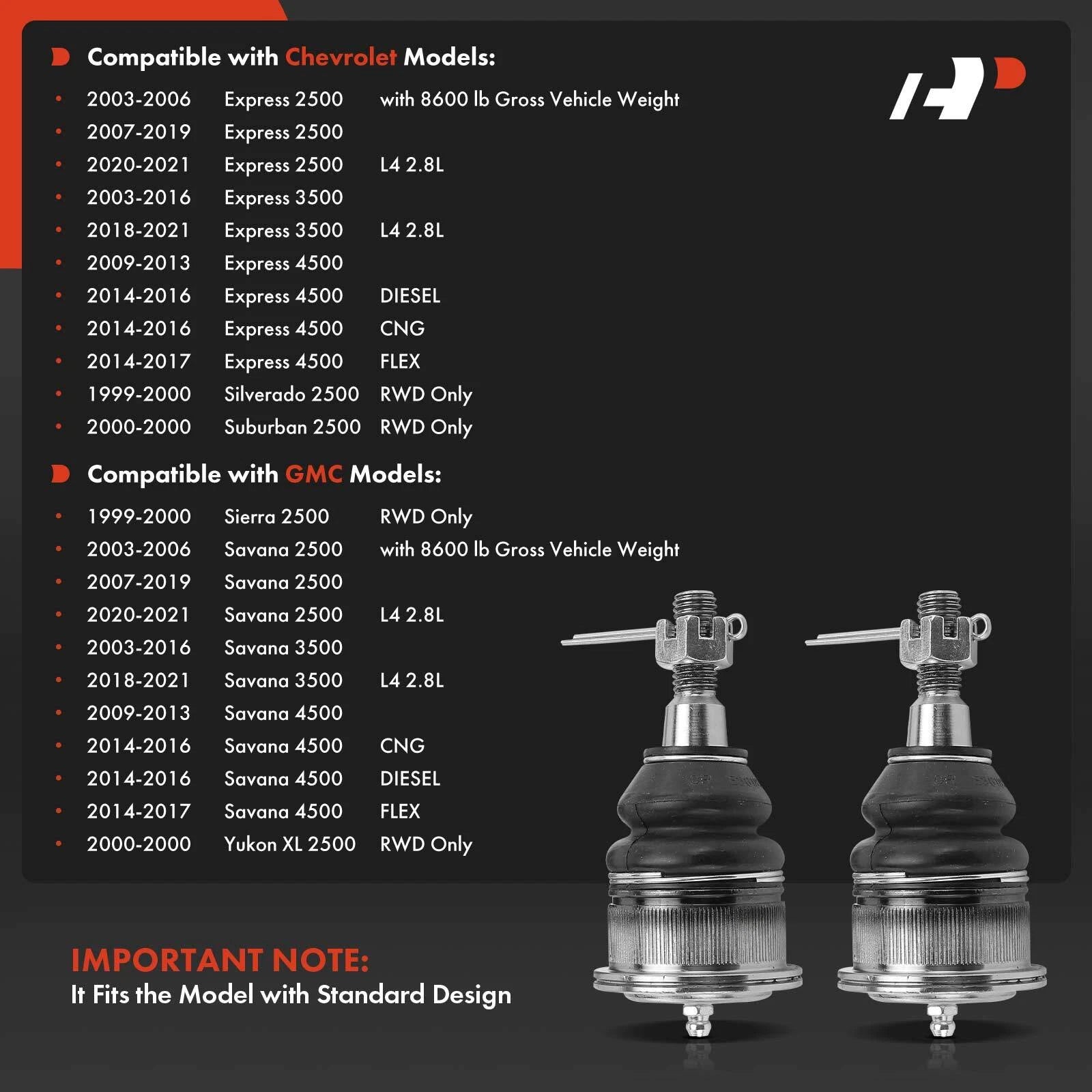 2X Front Upper Ball Joint for Chevrolet Silverado 2500 (1999-2000)