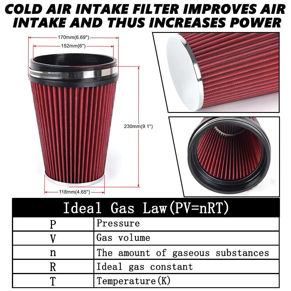 6" Universal Inlet Truck Air Intake Cone Dry Air Filter Red