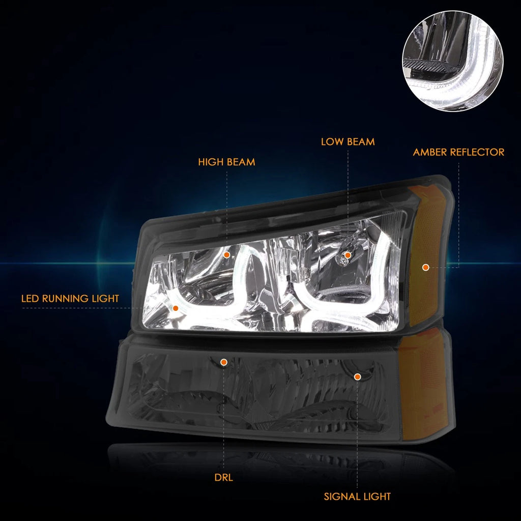 J-Halo LED DRL Headlights for Chevy Silverado/Avalanche (2003–2006) Smoked Amber