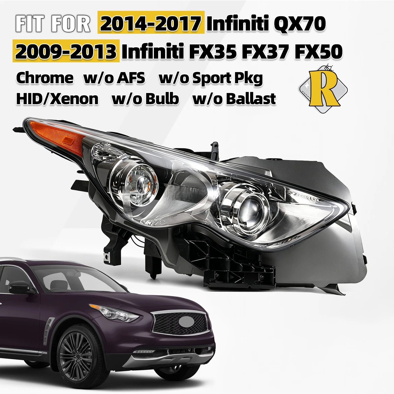 HID Headlight for Infiniti FX35 FX37 QX70 (2009–2017) W/o AFS & Bulb & Ballast Right
