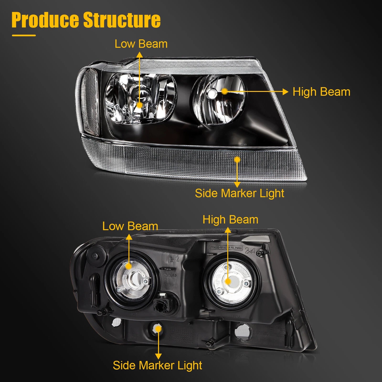 Headlight Assembly for Grand Cherokee (1999–2004) Black Housing