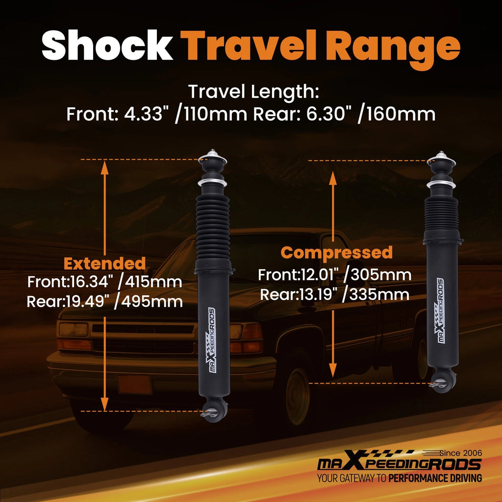 4" Drop Front & 7-8" Drop Rear Shock Kit for Chevy C1500 (1988–1998)