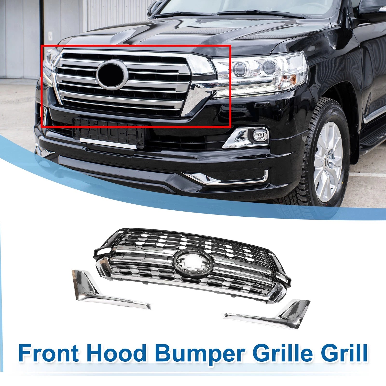 Front Upper Hood Bumper Grille for Toyota Land Cruiser LC200 (2016–2020) Black