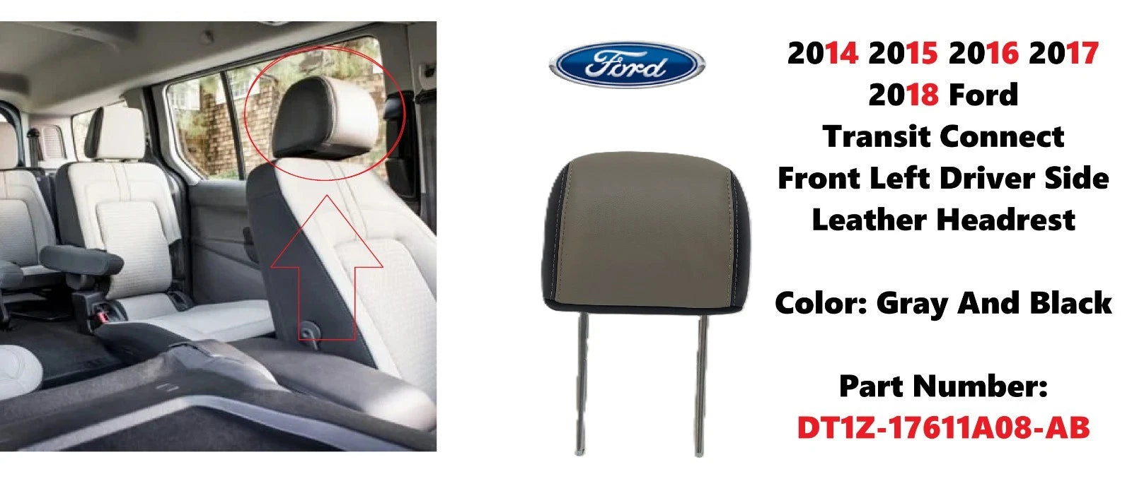 Driver Seat Headrest Leather for Ford Transit Connect (2014–2018) DT1Z-17611A08-AB