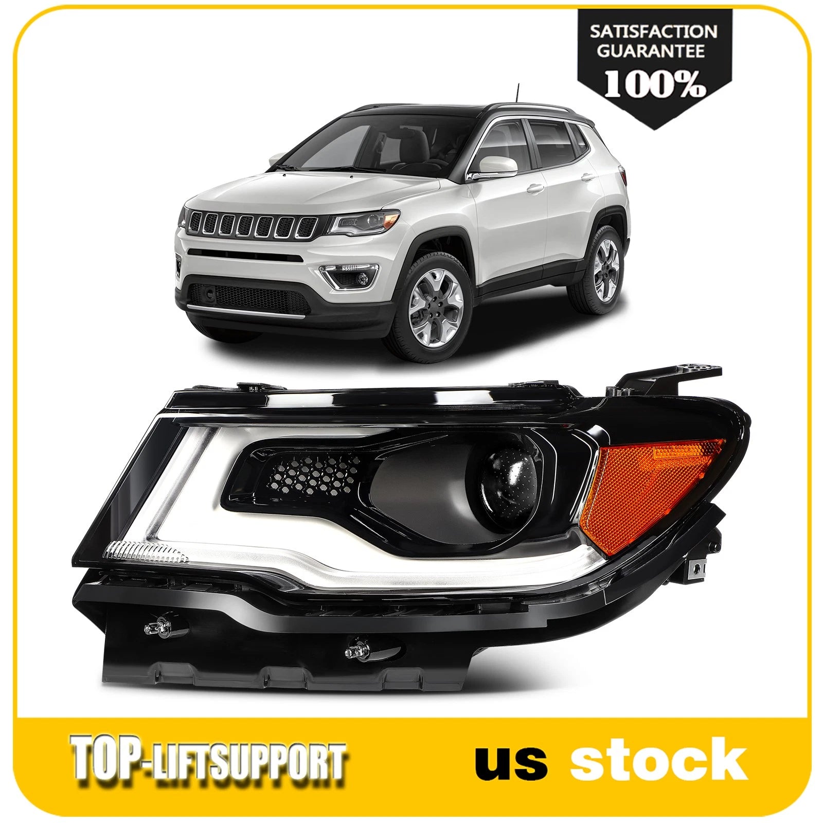 Left Side Black Amber Projector Headlight for Jeep Compass (2017–2021)