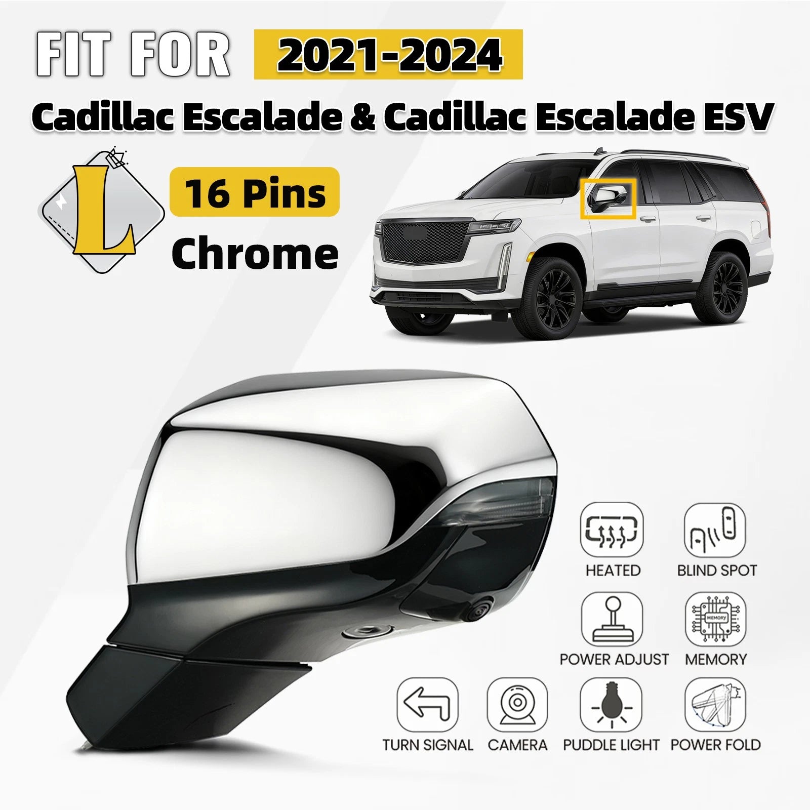 Side Mirror for Cadillac Escalade (2021–2024) 16 Pins, Heated, Puddle Light