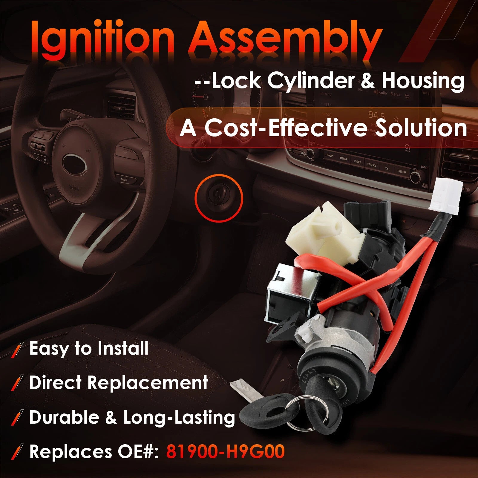 Ignition Lock Cylinder Switch & Housing with Keys for Kia Rio (2021–2023)