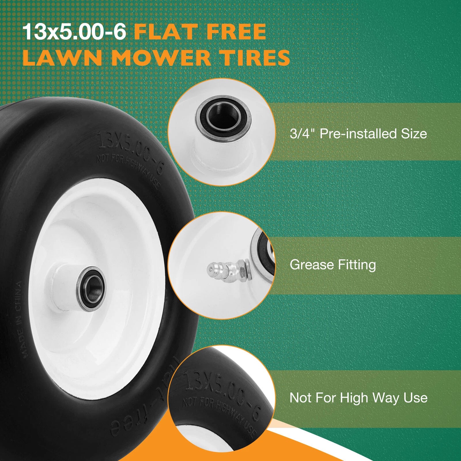 Set of 2 Front Smooth Flat Free Tires for Zero-Turn Lawn Mower