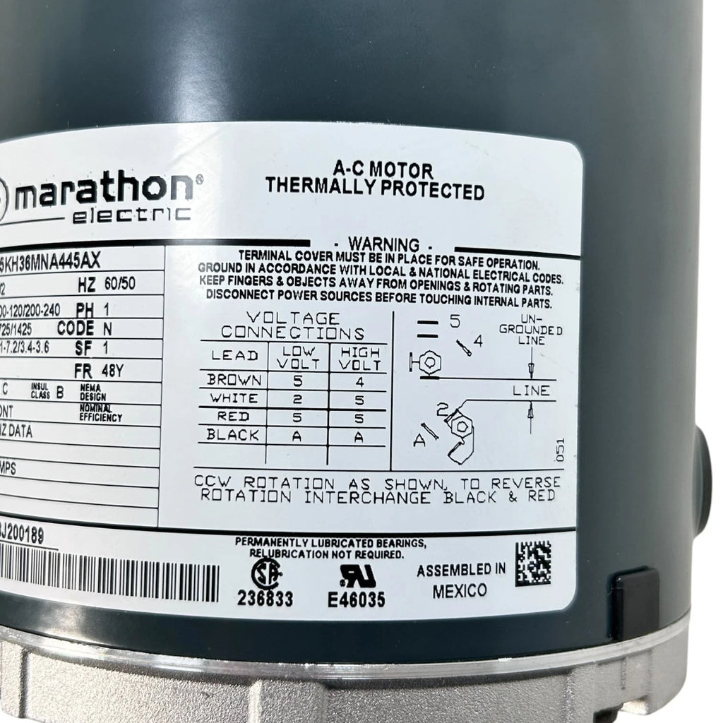 A-C Motor 1/2 HP 60/50Hz 1725/1425 RPM for Marathon Electric (5KH36MNA445AX)