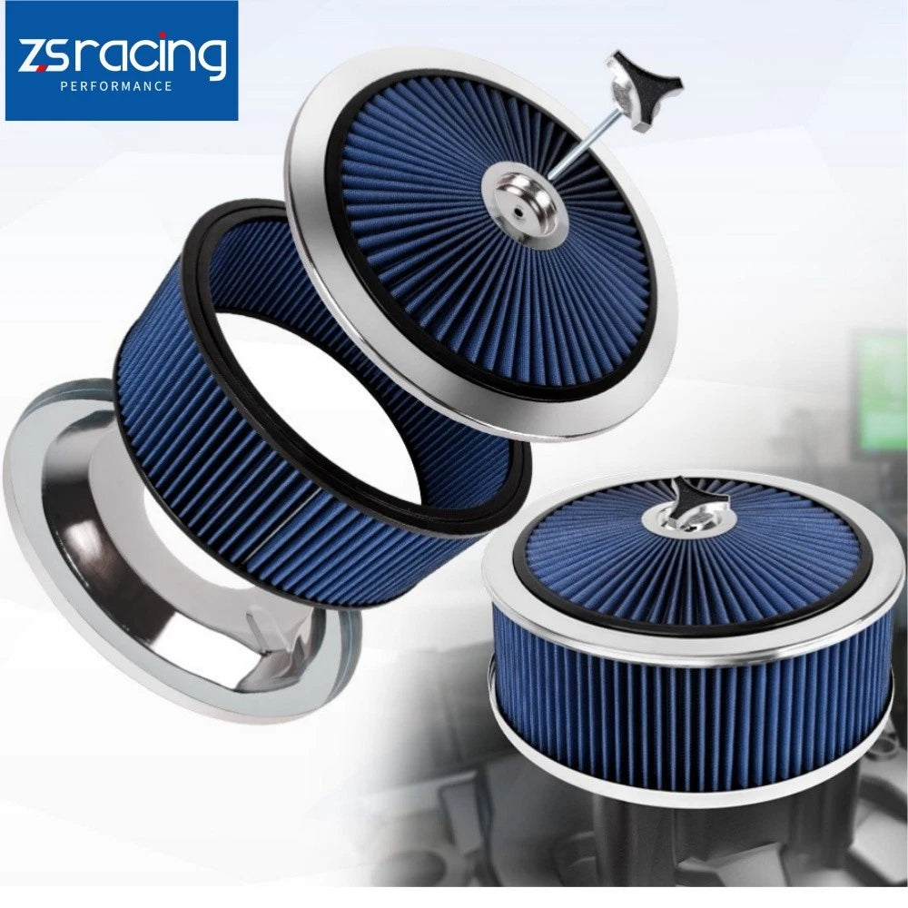 14" Blue Round Deep Dish Air Cleaner Kit for Automotive (Washable Filter, Chrome Lid)