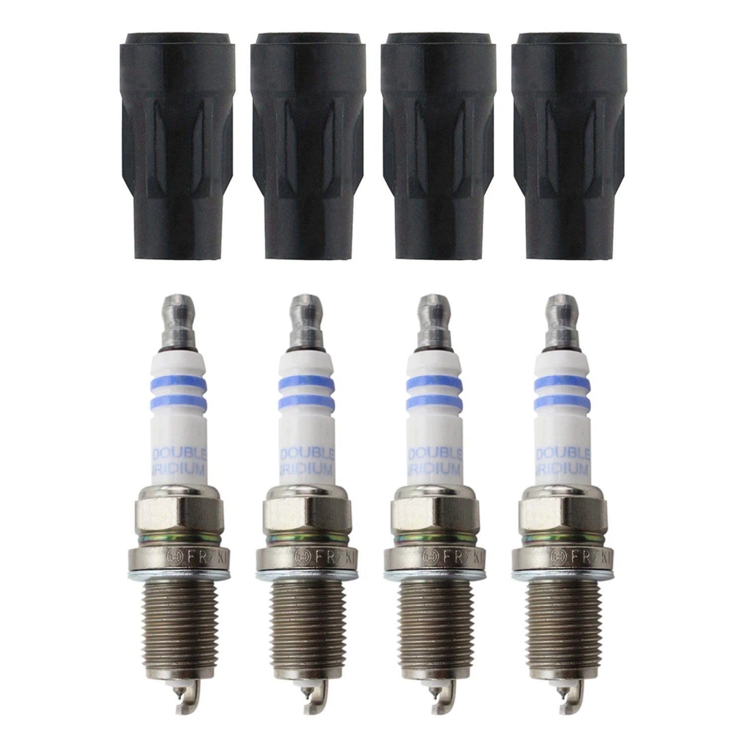 Set of 4 Bosch Double Iridium Spark Plugs & Denso Ignition Coil Boot Kit for Camry L4