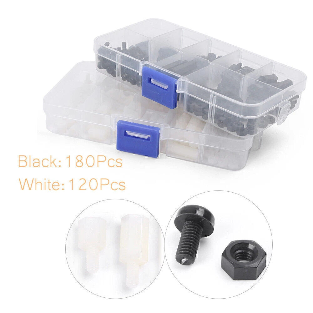 Set of 180 Black + 120 White Nylon Hex Spacers for M3 (All Years)