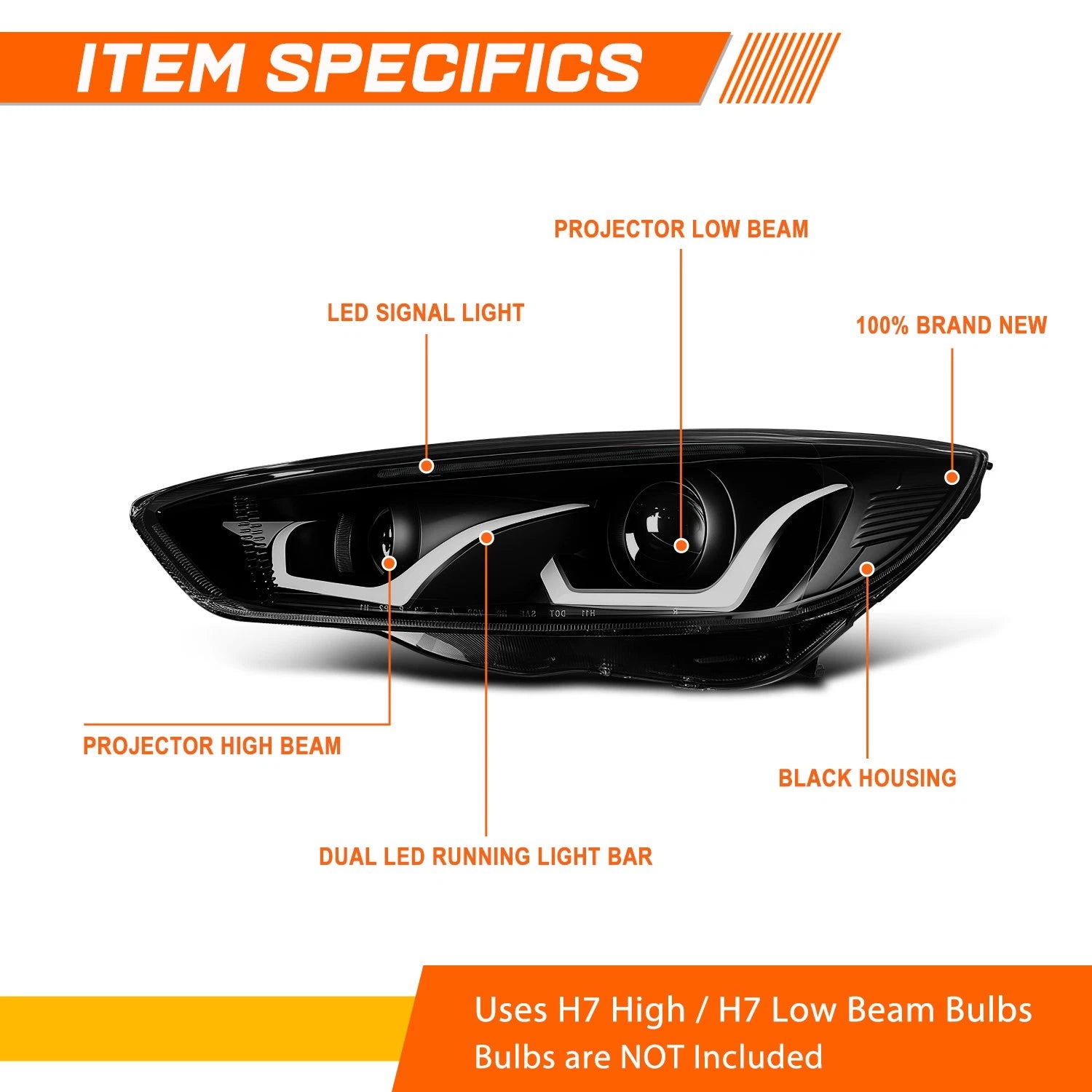 LED DRL Projector Headlight for Ford Focus (2015–2018) Smoked Lens