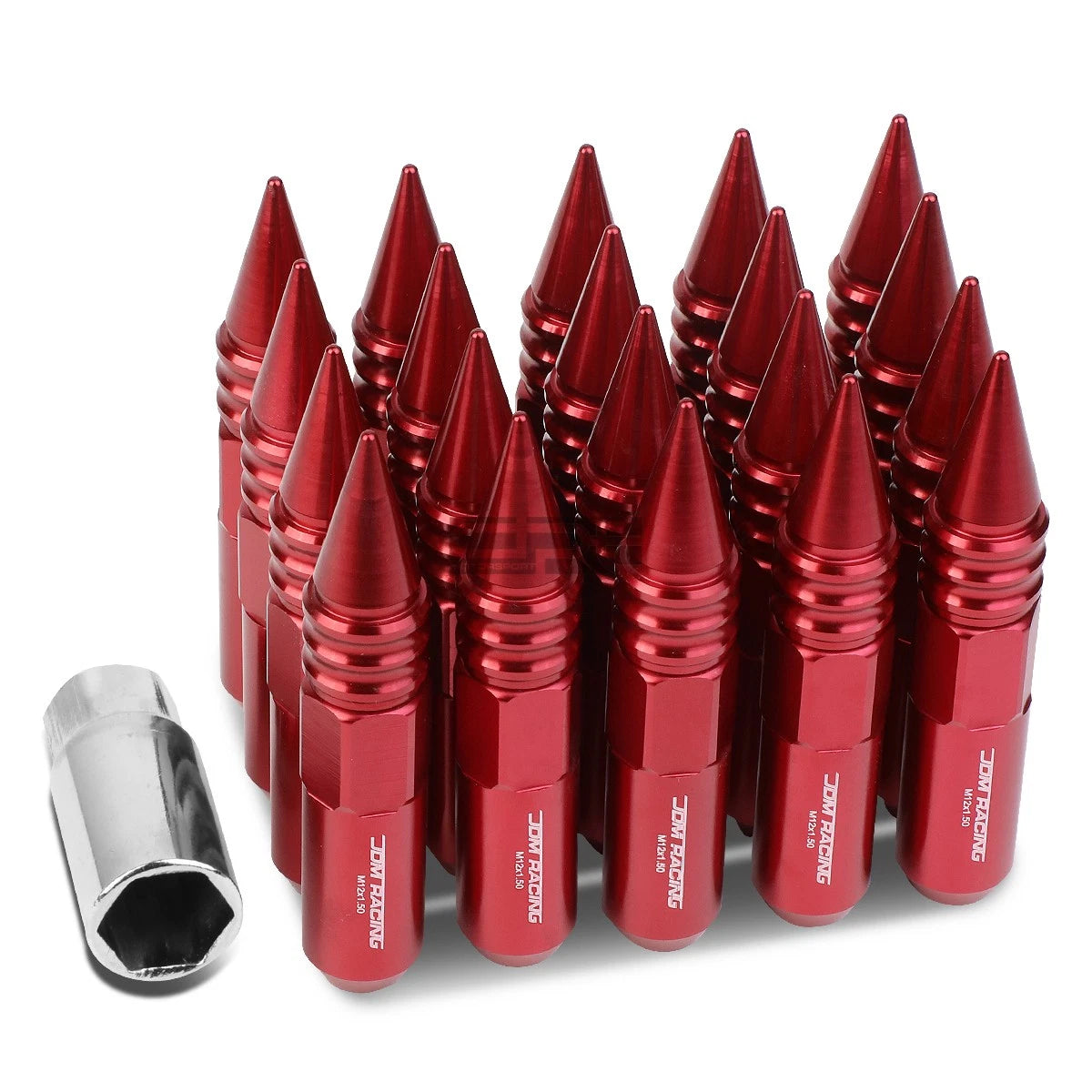 20x M12x1.5 107mm Tall 20mm OD Red Aluminum Spiked Lug Nuts + Adapter