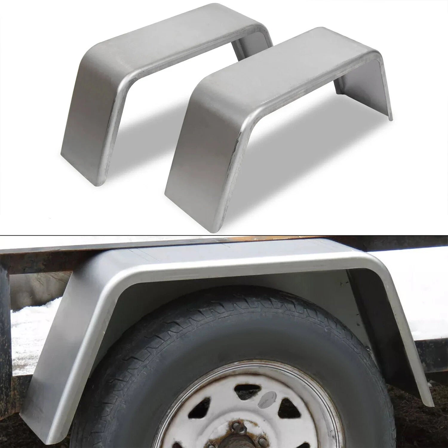 Pair of Square Silver Steel Cargo Trailer Fenders for Single Axle (14"-16")