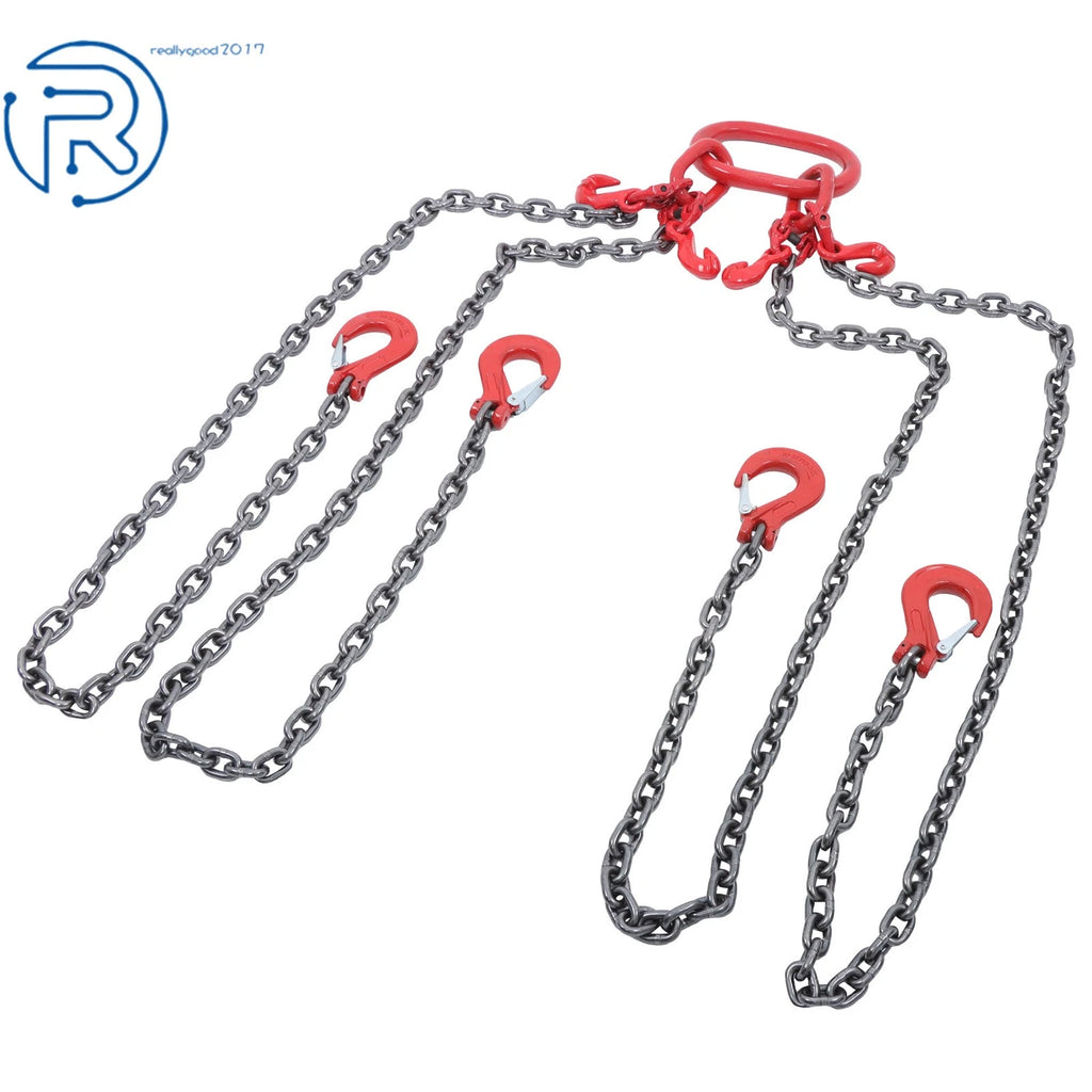 5/16" × 5' G80 Chain Sling 4 Legs 11000 lbs with Grab Hooks Red