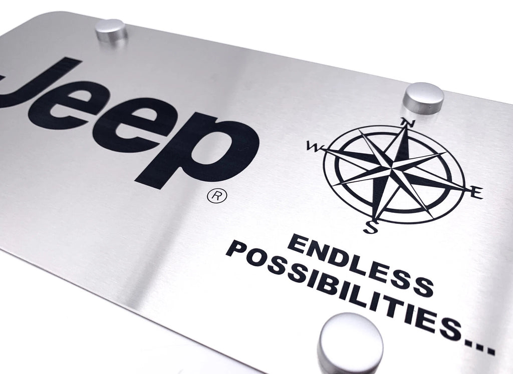Brushed Stainless License Plate with Jeep Script Logo for Jeep (1941–2024)