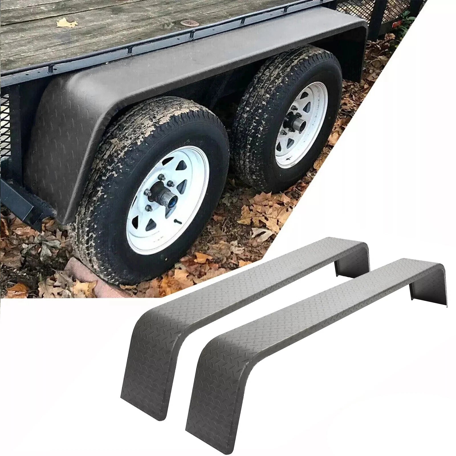 Set of 2 Steel Diamond Tread Plate Trailer Fenders for Tandem Axle (10-1/4"x72-7/8"x13")