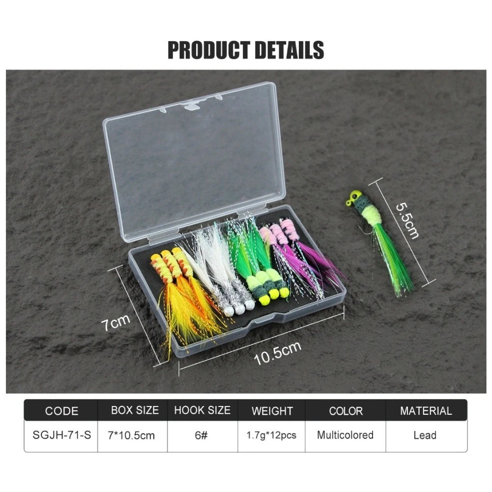 12pcs Jig Head Fishing Lures with Feathered Tail and 3D Eyes