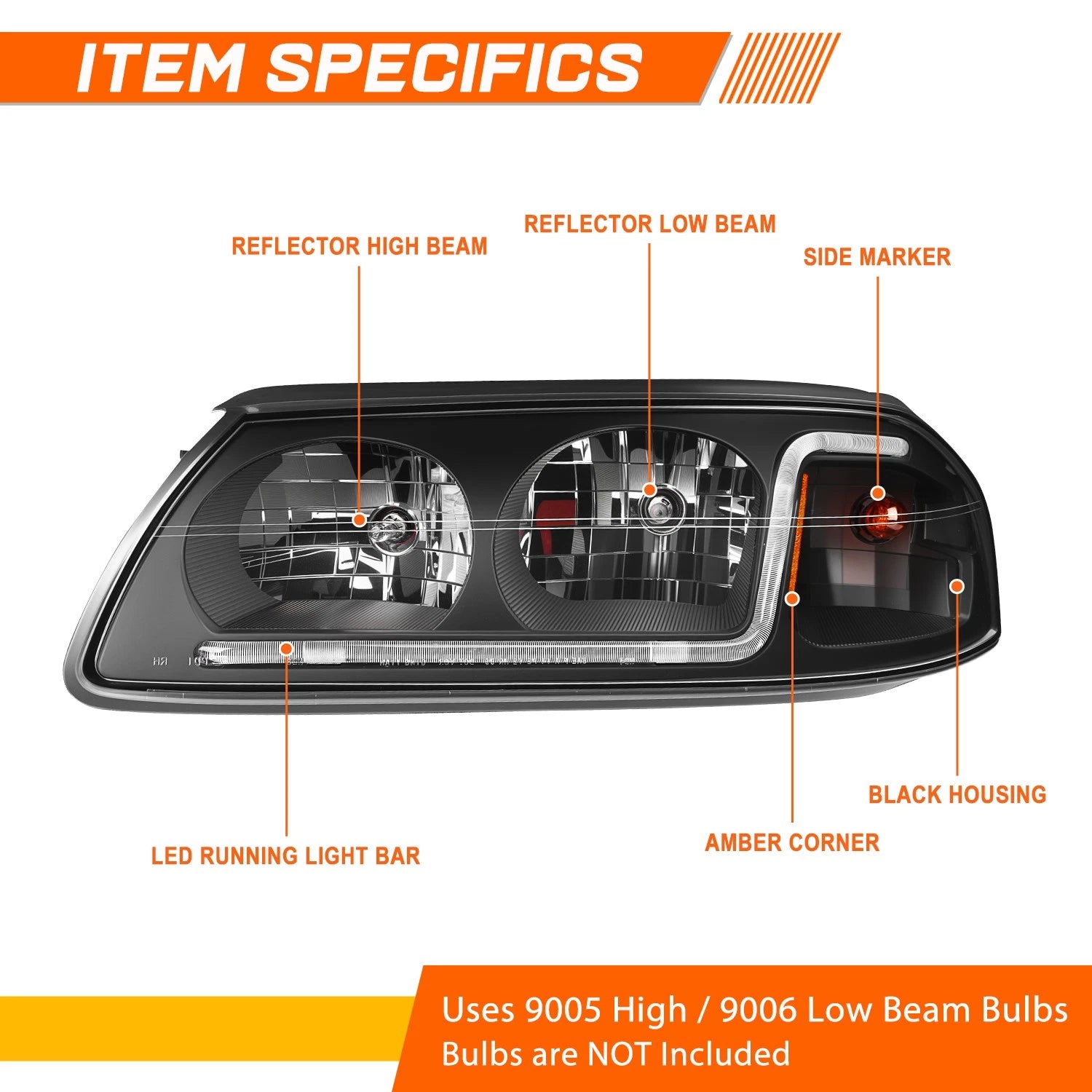 LED DRL Black Housing Amber Corner Headlight for Chevy Impala (2000–2005)