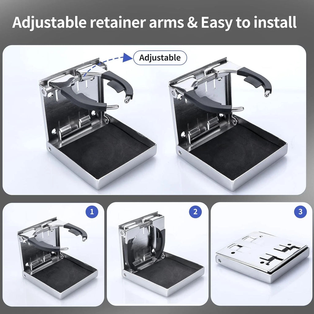2Pcs Stainless Steel Adjustable Folding Cup Holders for Marine/Boat/RV