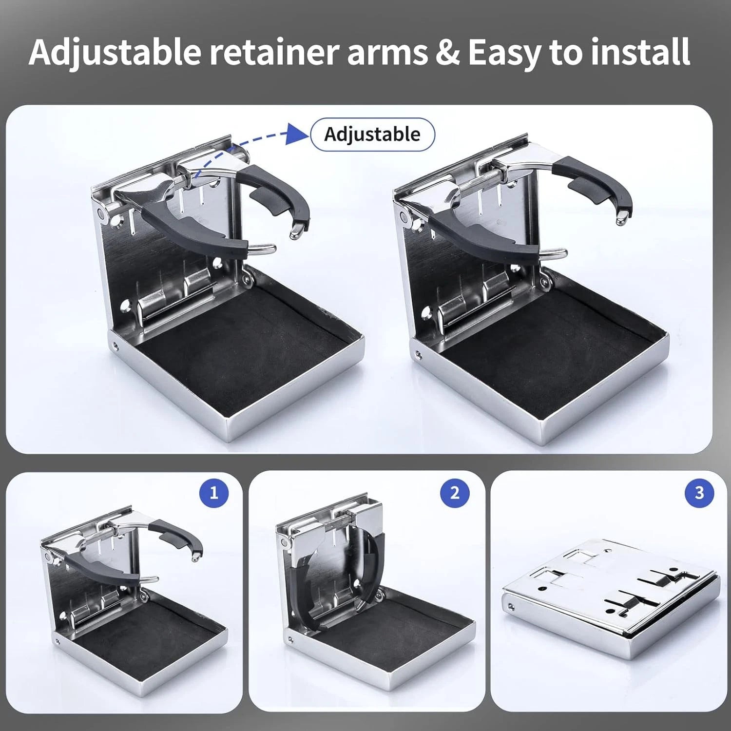 2Pcs Stainless Steel Adjustable Folding Cup Holders for Marine/Boat/RV