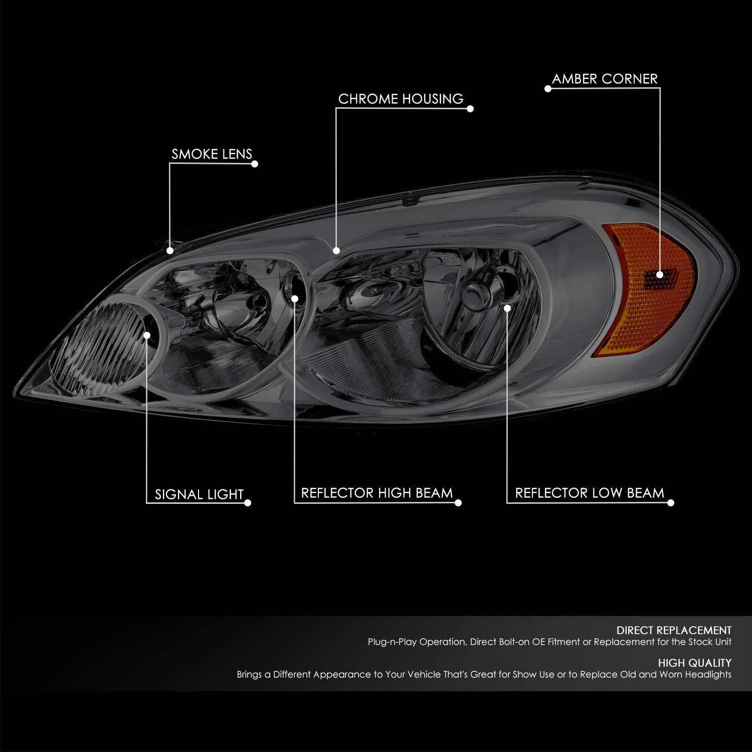 Smoked/Amber Reflector Halogen Headlights for Chevrolet Impala Monte Carlo (2006–2016)