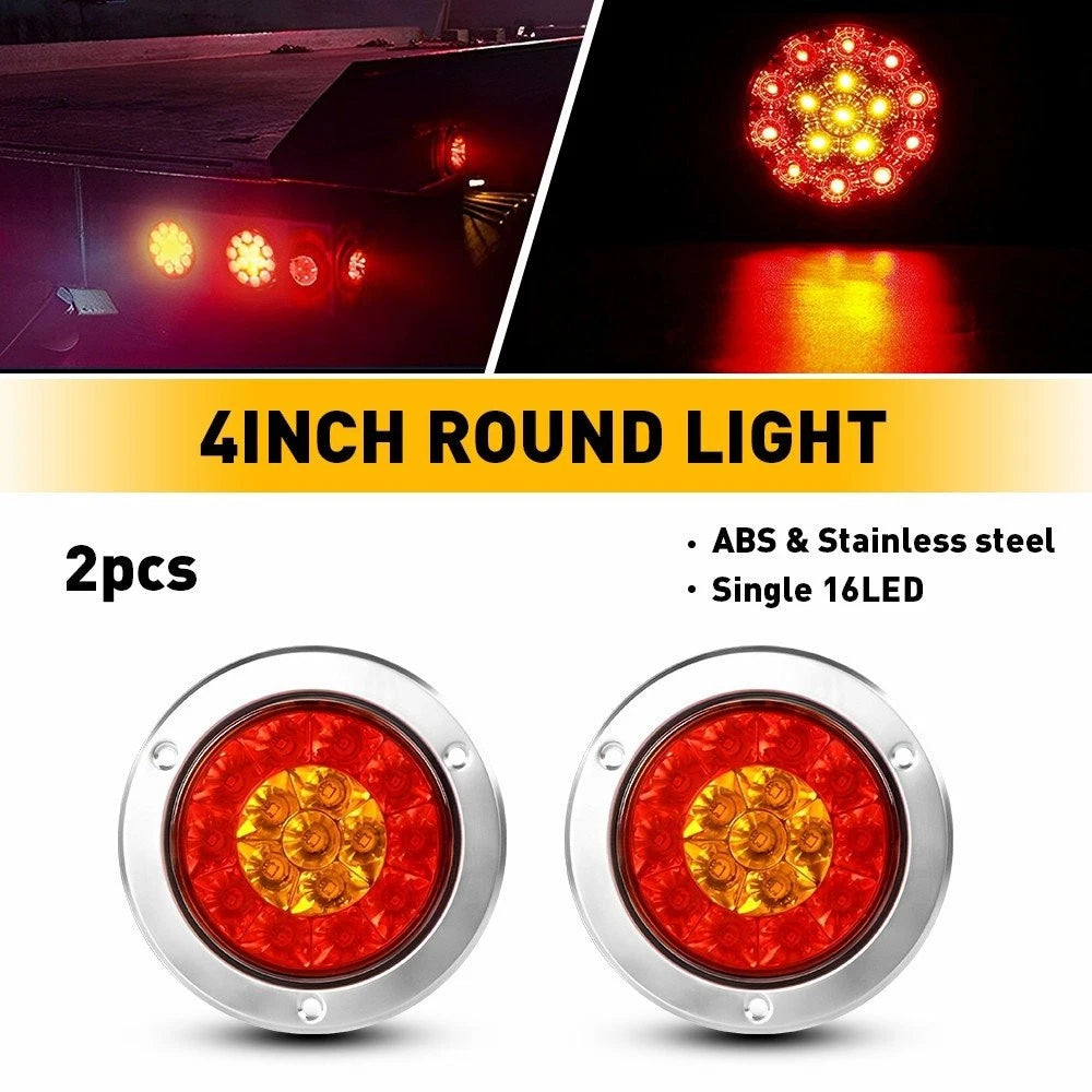 2X 4" Red/Amber 16LED Round Tail Brake Stop Turn Signal Lights for Truck Trailer