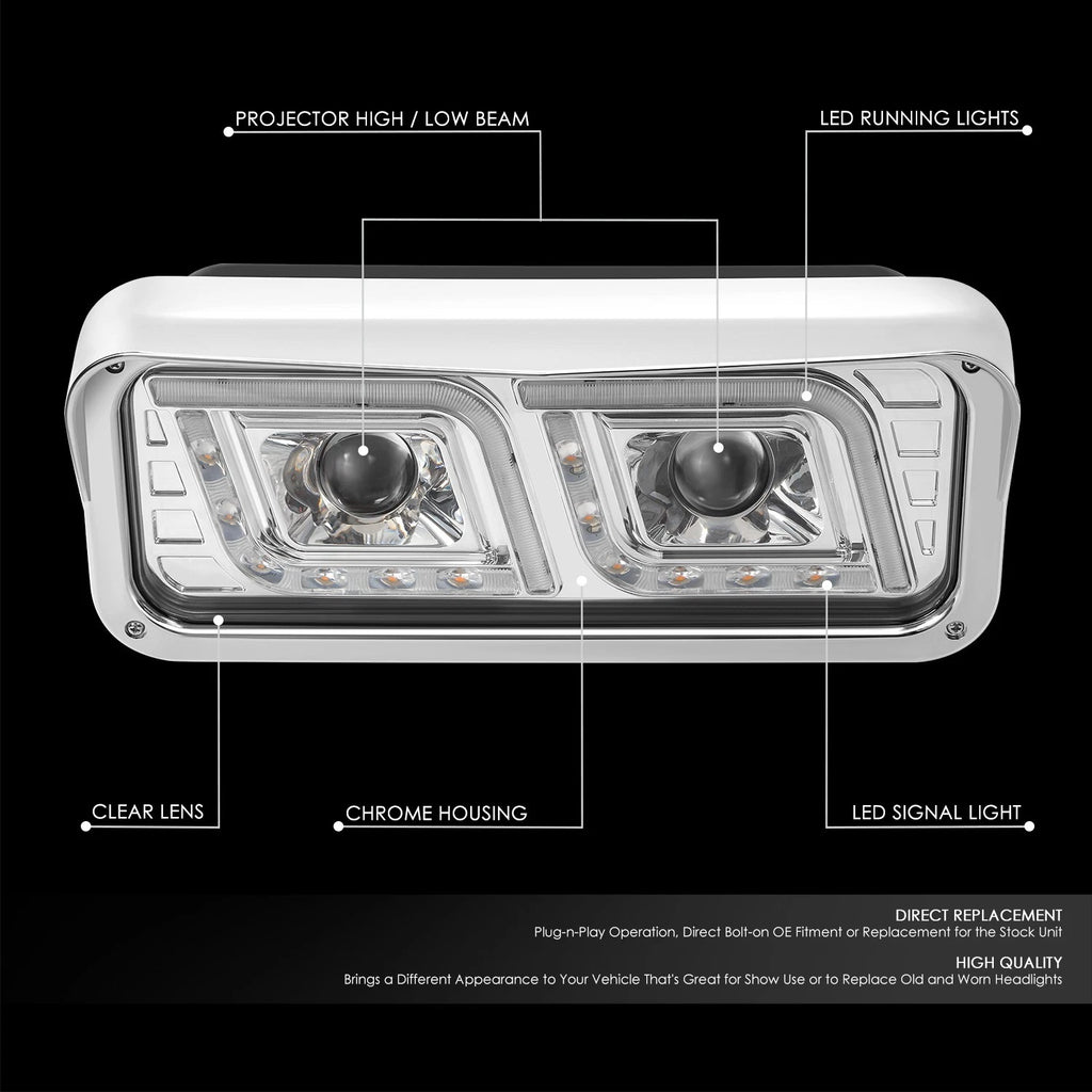 LED DRL + Signal Projector Headlights for Western Star 4800, Kenworth W900 (1981–2019)