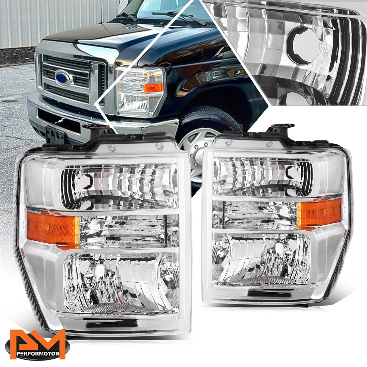 Headlight Lamp Chrome/Clear for Ford E150/250 E350/450 F650/750 (2008–2021)