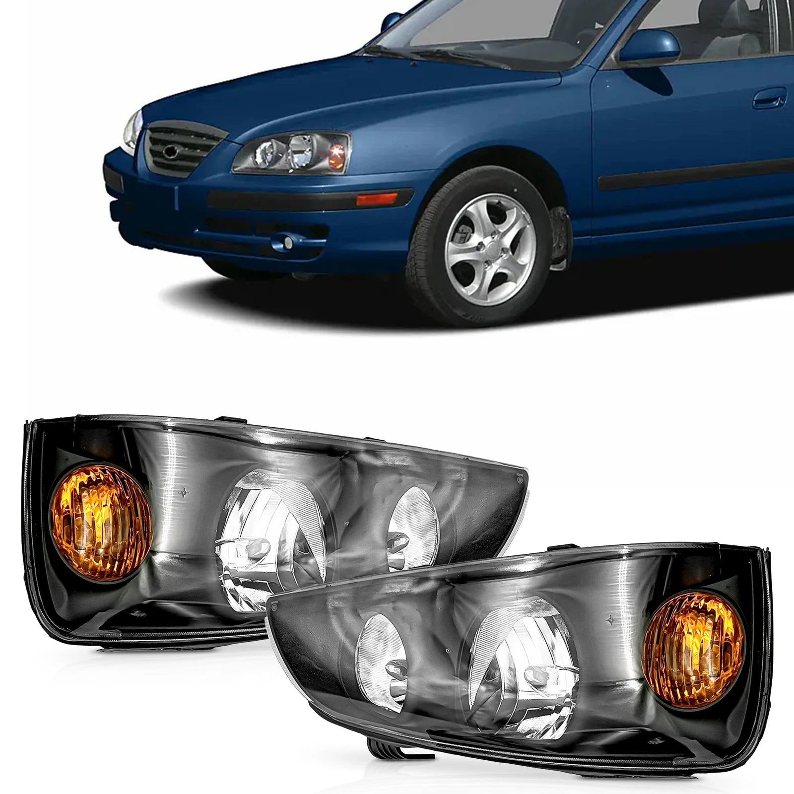 Set of 2 Black Headlights for Hyundai Elantra (2004–2006)