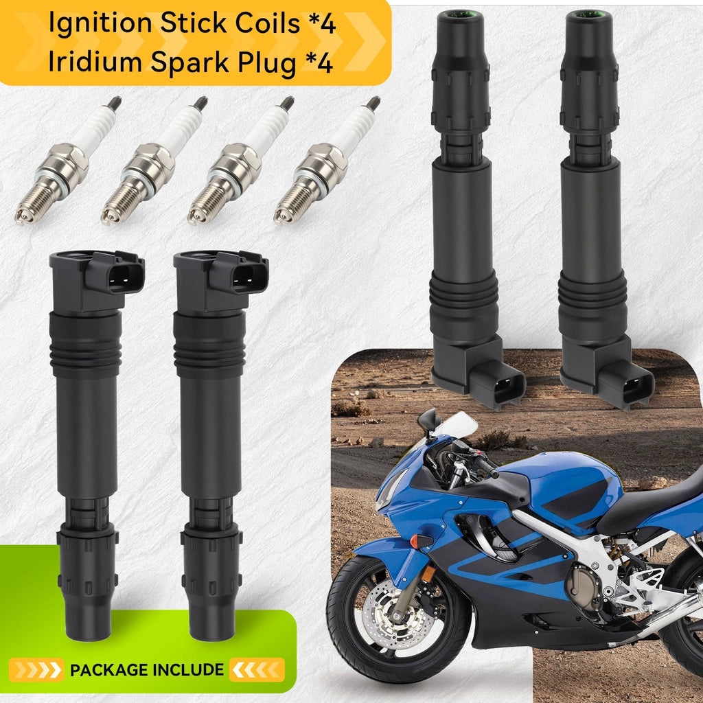 Set of 4 Ignition Stick Coils & Iridium Spark Plugs for Honda CBR954RR (2002–2003)