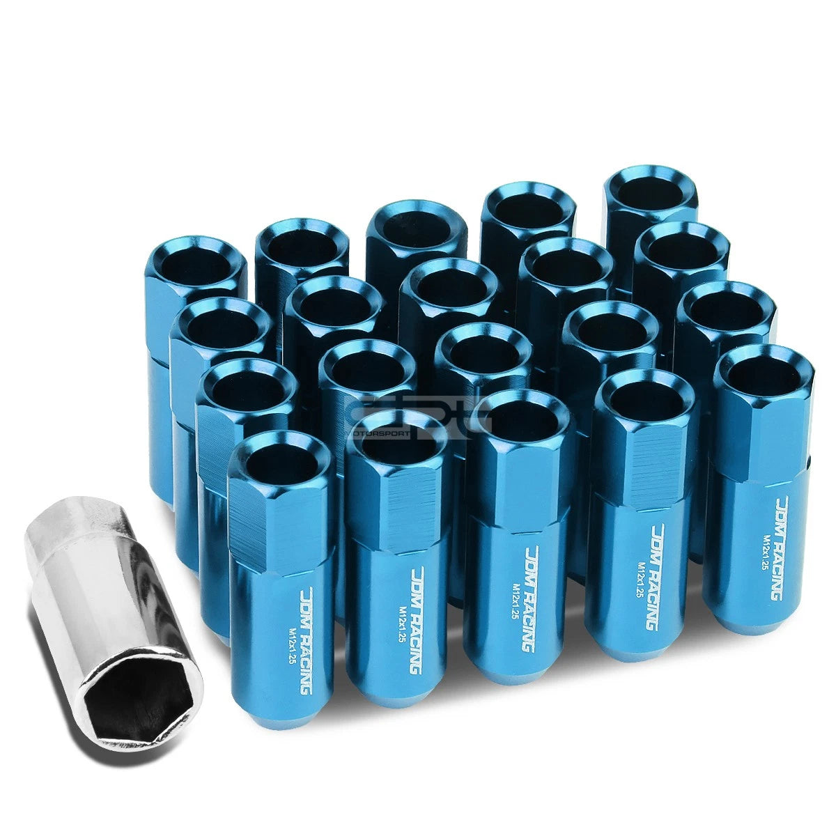 Set of 20 Open End M12x1.25 60mm Tall Sky Blue Hexagon Lug Nuts + Adapter