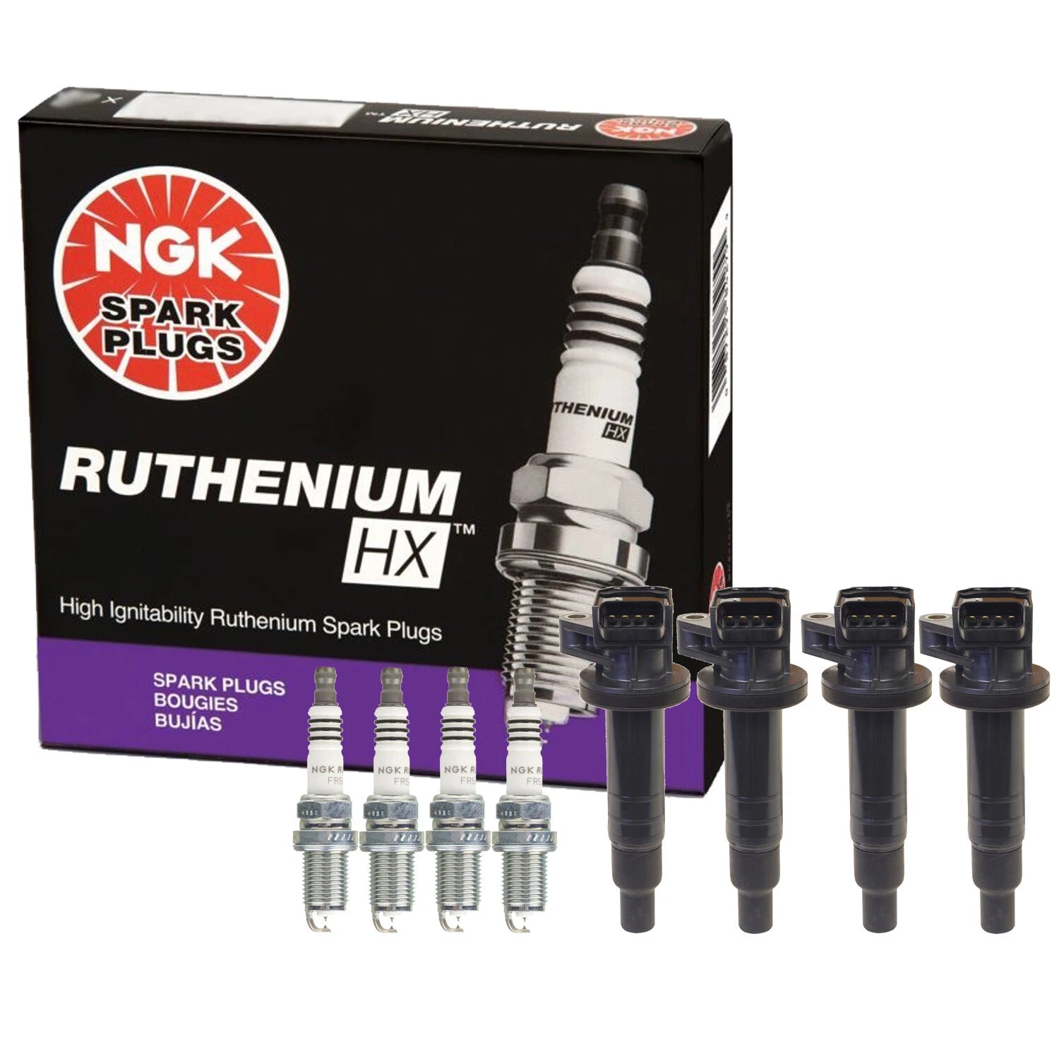 Set of 4 Denso COP Ignition Coils & NGK Ruthenium HX Spark Plugs for Chevy