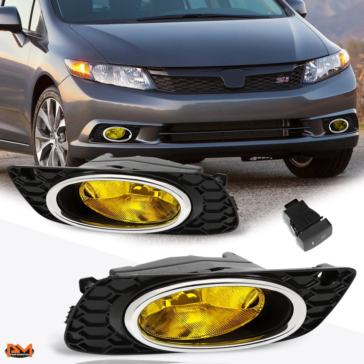 Fog Lights for Honda Civic 4-Dr (2012) - Amber Lens, Switch, Bezel