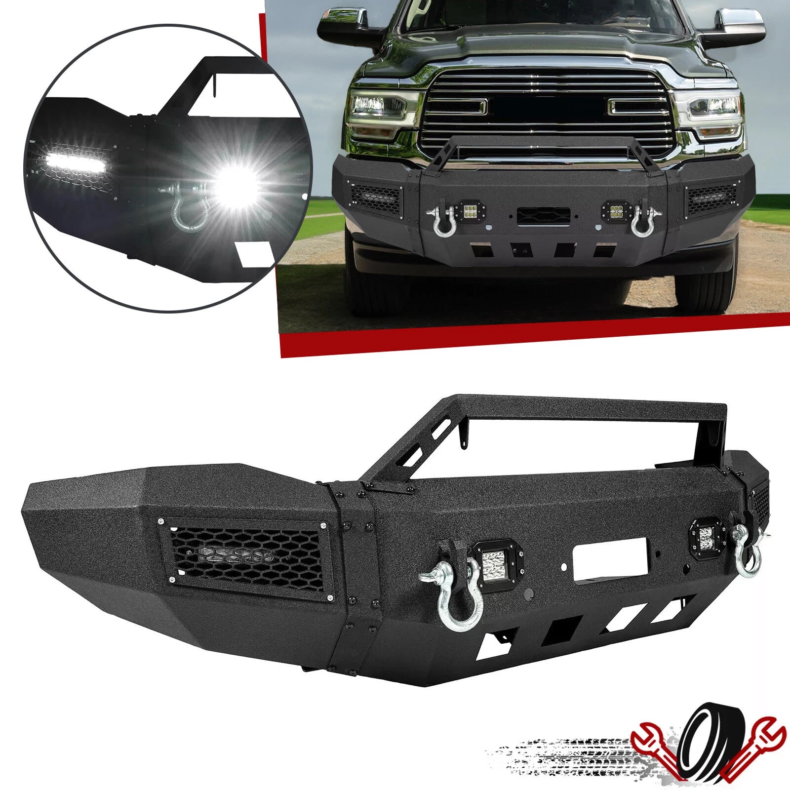 Front Bumper with Winch Plate and LED Lights for Dodge Ram 2500 3500 (2019–2023)