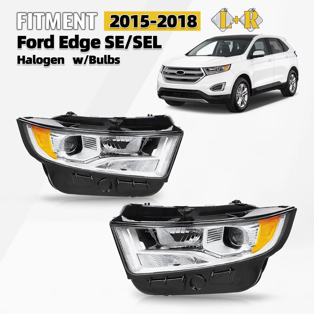 Halogen Headlight Set for Ford Edge SE/SEL (2015–2018) w/Bulb Chrome