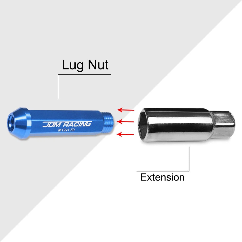 20Pc M12X1.5 Blue JDM Open End Conical Wheel Lug Nuts + Extension 25mmx90mm