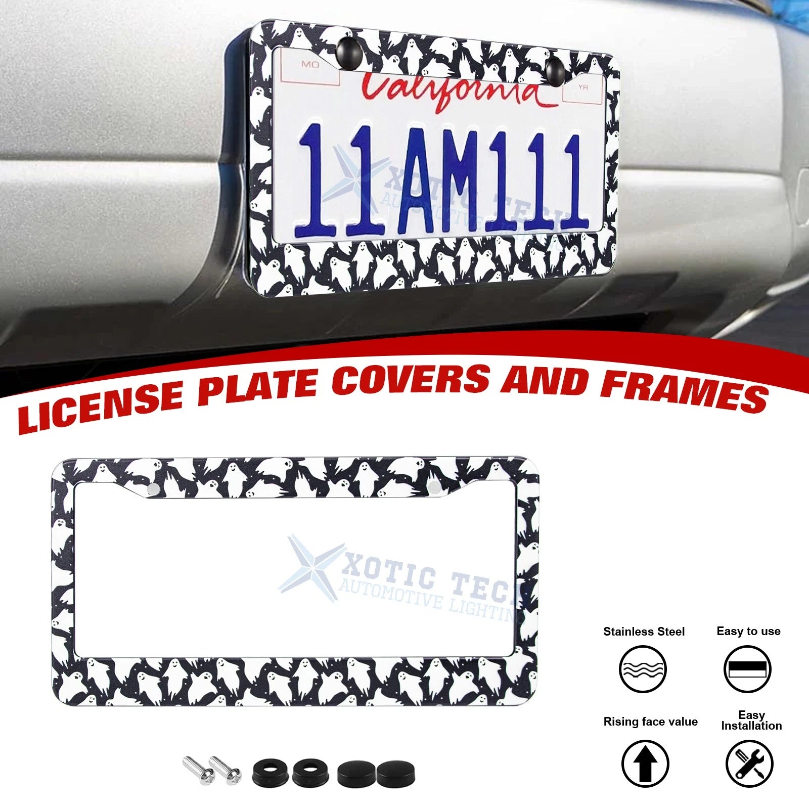 Cute Ghost Universal License Plate Frame for All Vehicles (Steel, 2-Pack)