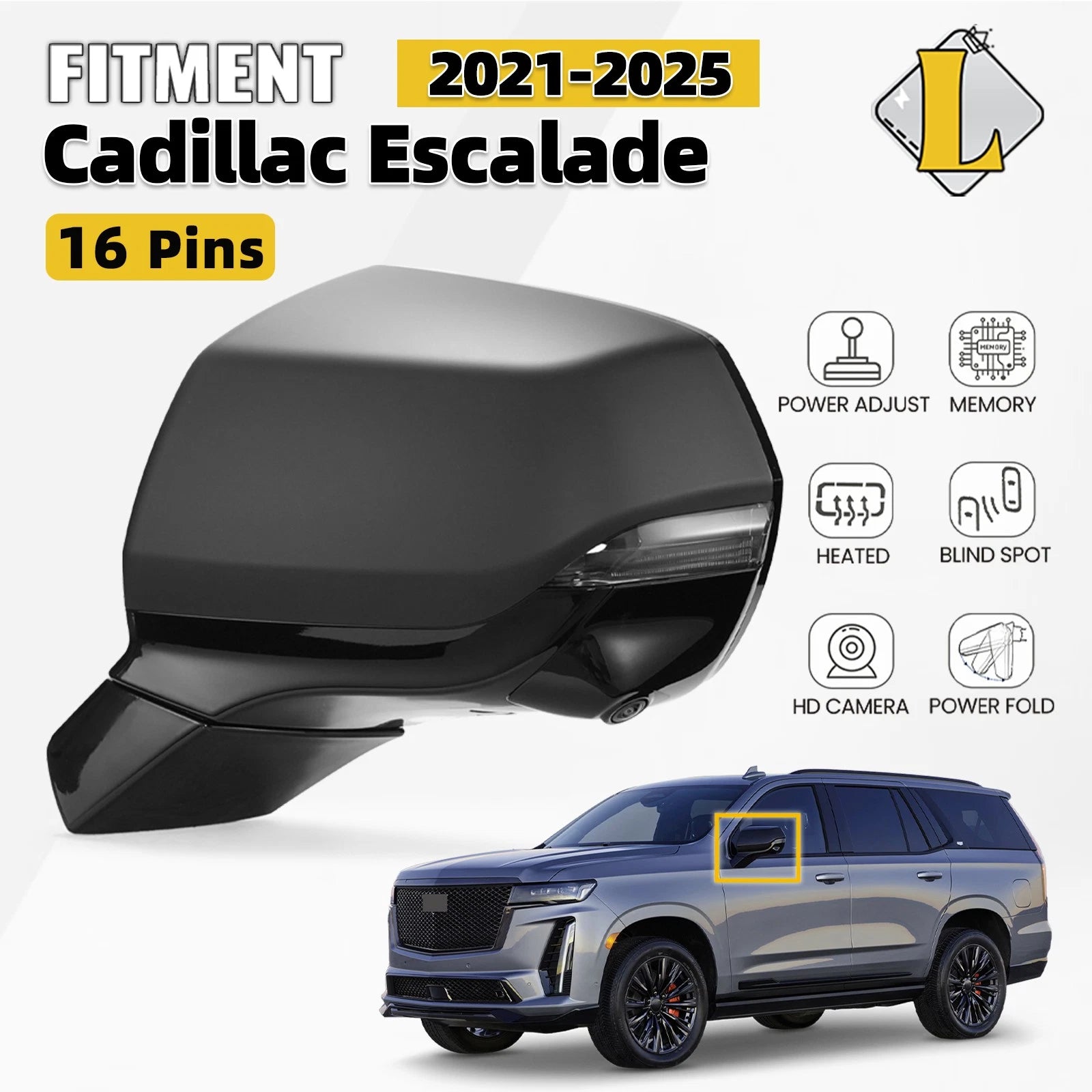 Side Mirror for Cadillac Escalade Yukon Suburban (2021–2024) Left 16 Pin