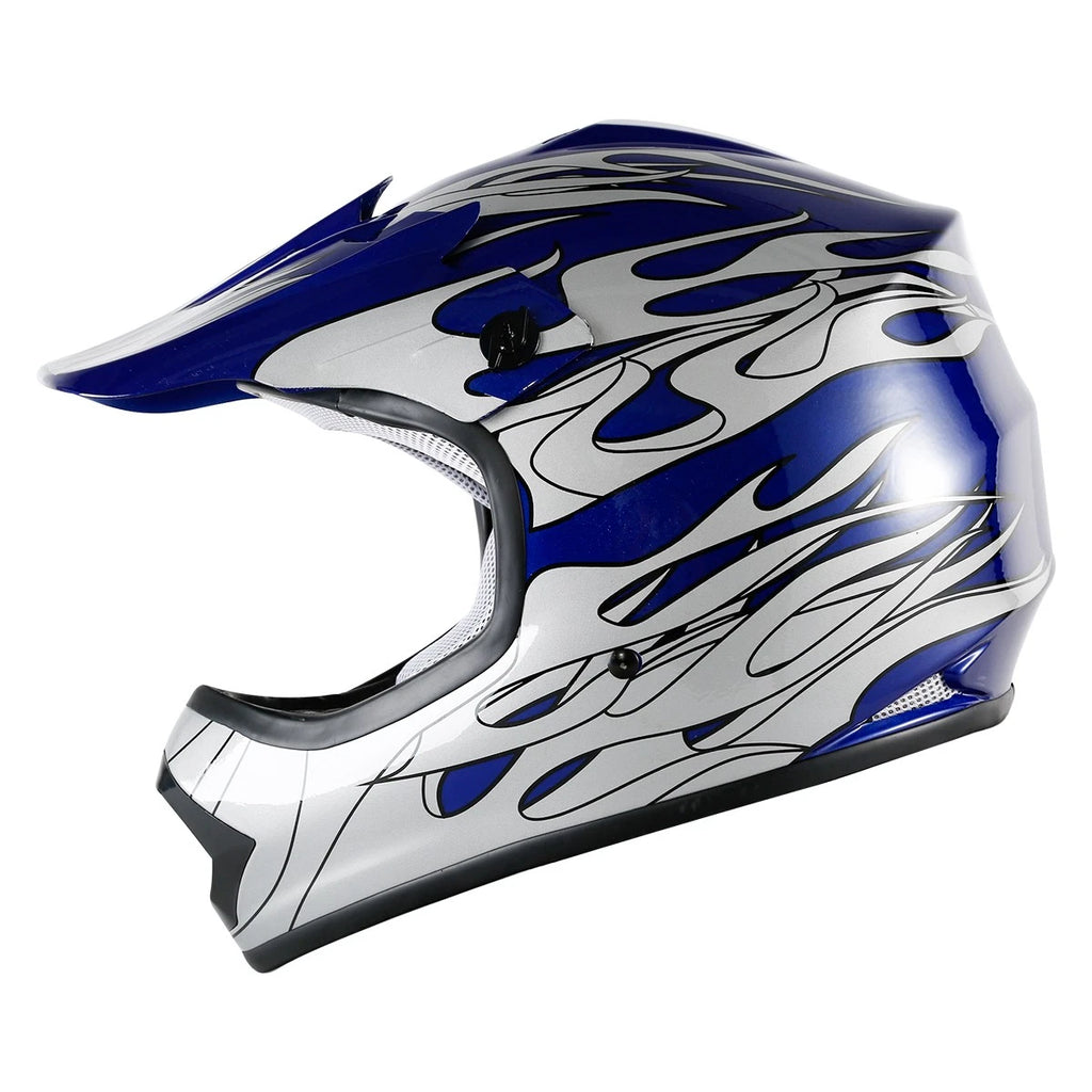 Youth Blue Flame Dirt Bike ATV MX Helmet Goggles Gloves Set (S, M, L, XL)